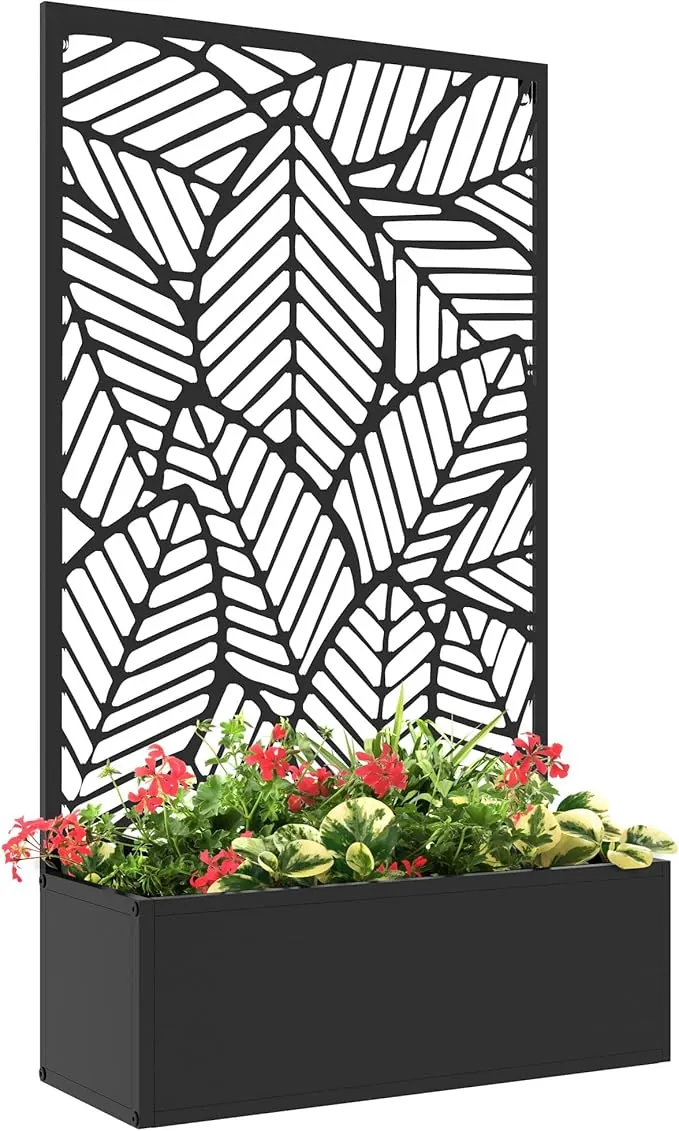 Outsunny Jardinera Exterior Grande de Metal Jardinera con Pantalla de Privacidad de Hojas Decorativas Jardinera de Pared o Independiente para Patio Terraza 61x23x113 cm Negro