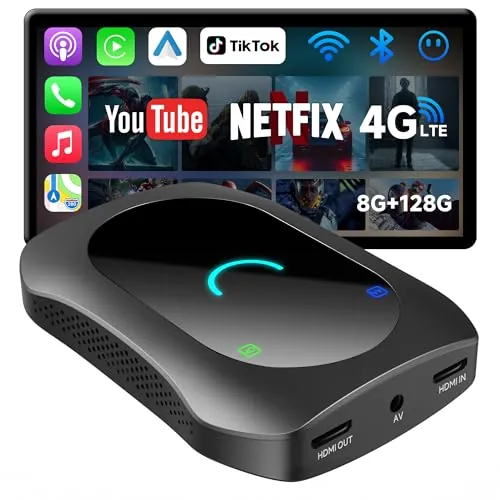Adaptador Carplay Inalámbrico Android Auto Inalambrico AI Box, 8GB+128GB Car VideoBox con Entrada/Salida HDMI,4G LTE,Dual-BT,DriveChat, AI Box CarPlay por Netflix/Youtube/TikTok/scheda TF, 256 GB