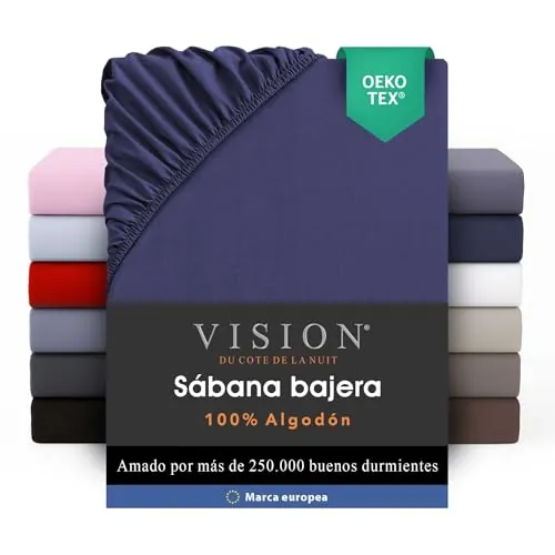 VISION Sábana Ajustable - 100% algodón - Cama Individual (90 x 190 cm) - Esquinas elásticas - Se Adapta a colchones de hasta 25 cm - Certificación Oeko-Tex - Lavable a máquina - Color: Azul Marino