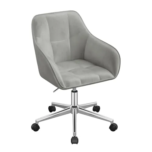 WOLTU Silla de Escritorio con Ruedas, Silla Giratoria Oficina, Asiento de Terciopelo con Reposabrazos, Altura Regulable, Sillon para Dormitorio y Tocador, Gris Claro, BS145hgr