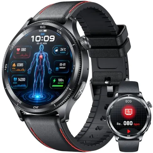 Reloj Inteligente Hombre Smartwatch con ECG HRV: 1,43" Redondo TFT Llamada Bluetooth5.4 Actividad Smart Watch Frecuencia Cardíaca SpO2 Sueño Presión Pulsera Fitness Deportivo IP68 para Android iOS