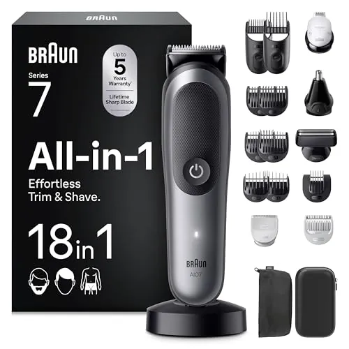 Braun Recortadora Todo en Uno Series 7 AIO7585, Gris - Kit de Styling 18en1 para Barba, Pelo, Orejas, Nariz Y Cuerpo, 120 Min de Autonomía, Cortapelos Hombre con Lámina Ultra Afilada