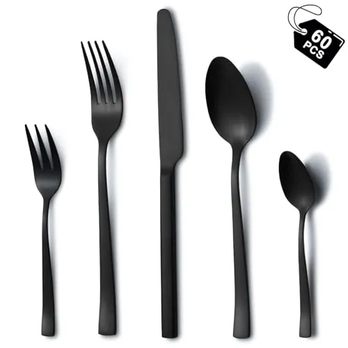 Cubiertos acero inoxidable 12 personas, Hunnycook 60 piezas Juego de cubiertos negros con tenedores cucharas cuchillos, Cubiertos negros de acero inoxidable para el hogar restaurante al aire libre