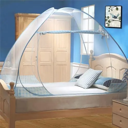 Digead Pop-up Mosquitera para Cama Matrimonial 180x200 cm con Doble Puerta – Plegable y Emergente, Ligera y Transpirable de Poliéster, Portátil para Viaje, Hogar o Bebés - Borde Azul