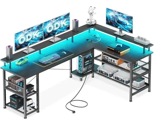 ODK Escritorio Gaming en L con LED, 168x120cm, Fibra Carbono Negro