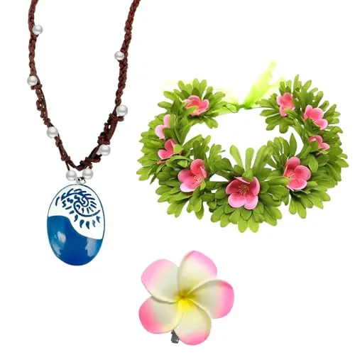 OptiPlay Moana Collana, 3 Pezzi Moana Costume Accessori, Collana da Moana Principessa, Moana Ghirlanda Del Copricapo, Set di Gioielli Accessori Per Abiti da Principessa