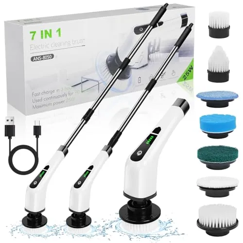 OSDUE Cepillo de Limpieza Electrico, Cepillo de Limpieza Inalámbrico con 7 Cabezales Reemplazables, Fregadora Giratoria Eléctrica Adjustable Extension Handle, para Bañera, Azulejo, Piso, Baño Pared