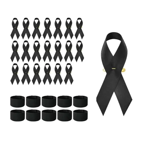 Ceeyoll Juego de 20 Pines De luto, 10 Pulseras De Luto, Broches De Satén Negro y Brazaletes Elásticos de luto, Cintas de Luto y Condolencias Para Mostrar Simpatía.