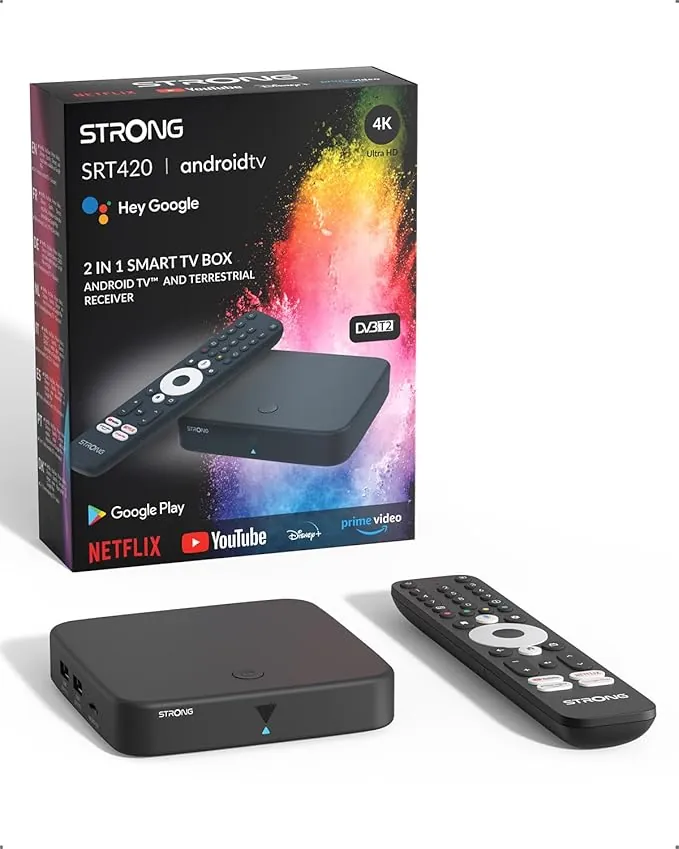 STRONG SRT420 TV Box Android TV 4K con Puerto Ethernet, DVB-T2, 2GB RAM + 8GB Almacenamiento, Chromecast Integrado, WiFi, Asistente De Voz Google, HDR10+