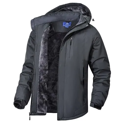 Zzkouine Chaqueta softshell de invierno para hombre, impermeable con forro polar y capucha extraíble, impermeable y resistente al viento, gris oscuro, XXL