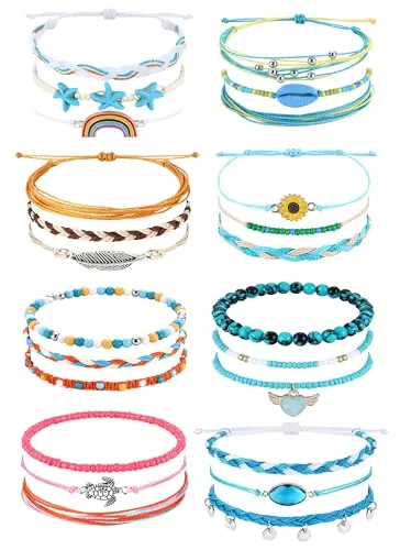 Kakonia 24 Piezas Tobilleras Pulseras Mujer Verano Surfer Pulsera de Playa Pulseras Hilo de Colores Set de Pulseras Amistad Pulseras Tela Cuerda Boho Pulseras de Cuentas