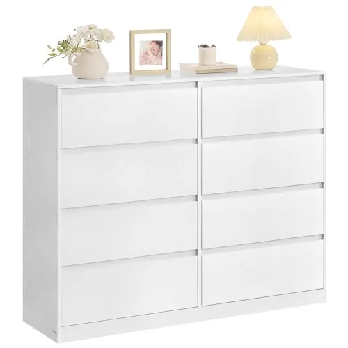 VASAGLE Colección Kailyn - Cómoda de 8 Cajones para Dormitorio, Armario de Almacenamiento, Mueble para Ropa, 40 x 119,4 x 97,5 cm, Estilo Moderno, Blanco Nieve LTS618WE01