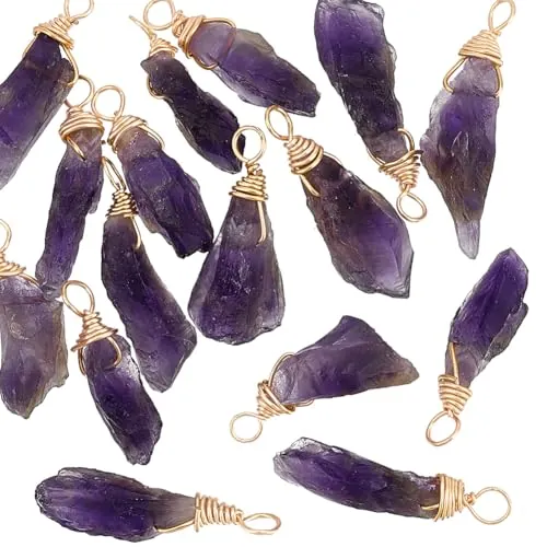 FINGERINSPIRE 16pcs 28mm Natural Amatista Colgante a Granel Irregular Amatista Charms Raw Amatista de Cobre de Alambre Envuelto Piedra Natural de curación de Cristal de Piedras Preciosas Charm