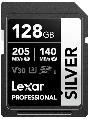 Lexar Tarjeta SD 128 GB Silver, hasta 205 MB/s de Lectura, Tarjeta de Memoria SDXC UHS-I, Clase 10, U3, V30, SD Card para Fotógrafos Profesionales, Videógrafos y Entusiastas