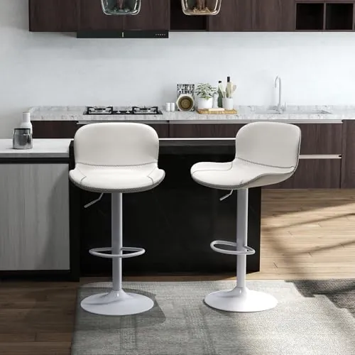 Youhauchair Taburetes Altos de Cocina Juego de 2, Taburete de Bar Regulable en Altura en Cuero PU, Taburete Alto con Respaldo y Reposapiés, Taburete Cocina Giratorio, Moderno, Blanco
