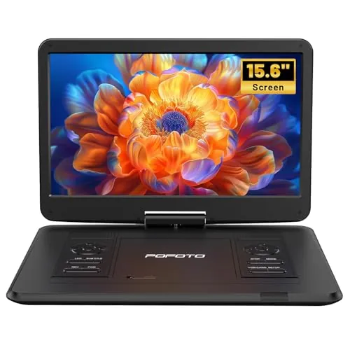 POFOTO Reproductor de DVD Portátil de 17.5" con Pantalla Giratoria HD 15.6'' - 6h Batería, Soporta Multiformato/SD/USB, Sin Zonas, Sincroniza TV/Proyector, Antishock y Memoria, Altavoces Duales, Mando