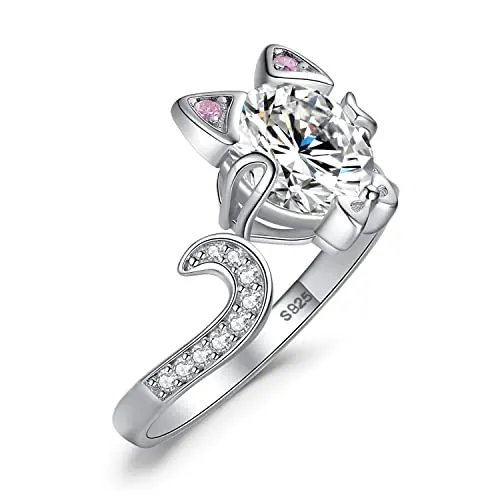 JewelryPalace Ajustable Anillo Plata Mujer de Gato Rosa con Lindo Lazo, Anillo Abierto 3ct Circonita, Anillos Niña Plata de Ley 925 Piedra Preciosa, Anillo Llamativo Diamante Simulado, Conjunto Joyas