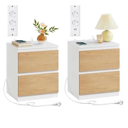 VASAGLE KAILYN Colección - Juego de 2, Mesita de Noche con Regleta de Enchufes, Mesa Auxiliar, 2 Cajones, 2 Tomas AC, 2 Puertos USB-A, Salón, Dormitorio, Amarillo Almendra LET821Y02