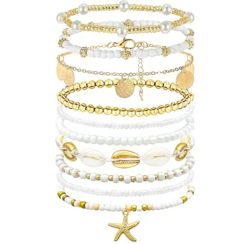 JSTHHTT Tobillera Pulsera Mujer, 9 pcs Tobillera Conchas para Mujer, Bohemia Pulseras Tobilleras Mujer, Tobilleras Pulseras Elegantes y Atractivas, Estilo Boho Dorado, para Mujeres Adolescentes Niñas