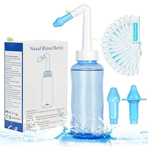 URAQT Lavado Nasal Botella, 300ml Limpiador de Nariz con 2 Boquillas | Neti Pot, con 40x Sal Lavado Nasal, Limpiador Nasal para Alivio Congestión Nasal y Limpieza Nasal