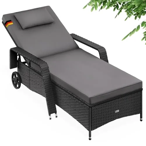 CASARIA® Tumbona Jardín Poliratán hasta 160kg 193x90cm Respaldo Regulable Acolchado 7cm Cojín 2 Ruedas Negro Antracita