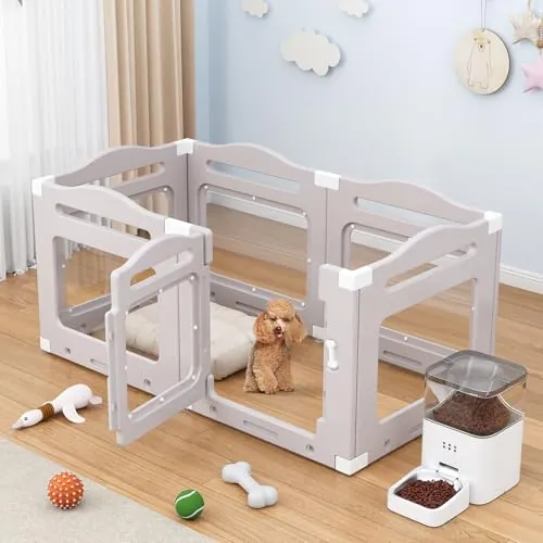 Clevich Parque para Perros de Interior Acrílico 129 × 68 × 60 cm, 5 PCS +1 Paneles con Puerta, Vallas para Perros sin Rejas, Plegable con Ventosas, Transparente Corralito para Perrospara, Gris cálido