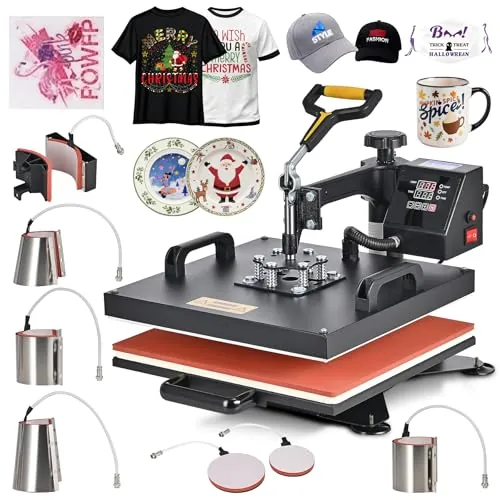 CREWORKS Prensa de Calor 38x38 cm, Maquina de Sublimacion 8 en 1 con Panel de Control Digital, Prensa de Calor Multifuncional con Tubos de Calefacción Dual para Tazas, Gorras, Platos y Más