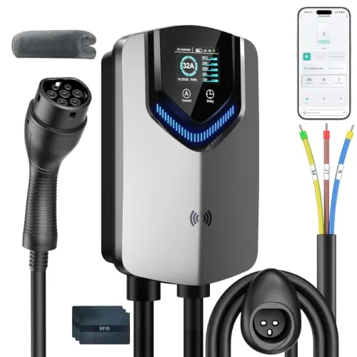 WityCharge Wallbox 7,4 kW Monofásico con App,230V 6-32A,Cable Tipo 2 de 8M | Cargador Coche Eléctrico 7,4 kW,RFID,Carga Programada 1-12H, IP65, RCD Tipo A 30mA AC + 6mA DC