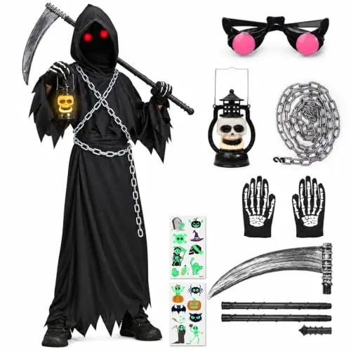Lubolee Disfraz Halloween Niño, Disfraz Muerte Niño con Guadaña, Cadena, Guantes, Gafas Luminosas y Tatuajes Fluorescentes Adhesivos - Disfraces Halloween niño Muerte de Cosplay (9-10 años)