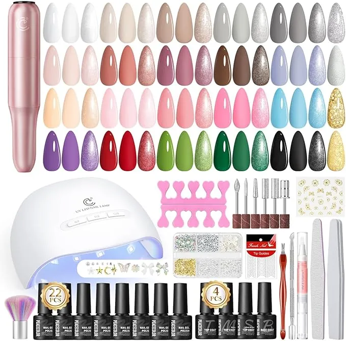 PEACECOLOR 38PCS Kit Uñas Semipermanentes, 22 Pintauñas Semipermanentes con Lampara Uñas y Torno para Uñas, Base Top Coat Brillante y Mate, Kit Manicura Nail Art Regalo