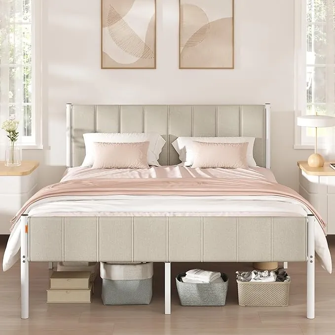 VASAGLE Marco de Cama Doble, 160 x 200 cm, con Cabecero Tapizado, de Metal, 500 kg de Capacidad de Peso, Fácil Montaje, Beige Capuchino RMB975LH01