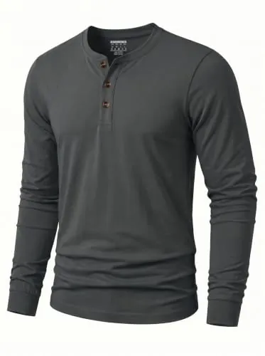TACVASEN Camiseta Manga Larga Hombre Algodón Camisetas Cásicas de Hombre Tshirt Henley con Solapa de Botones Top Casual Gris Oscuro, XL
