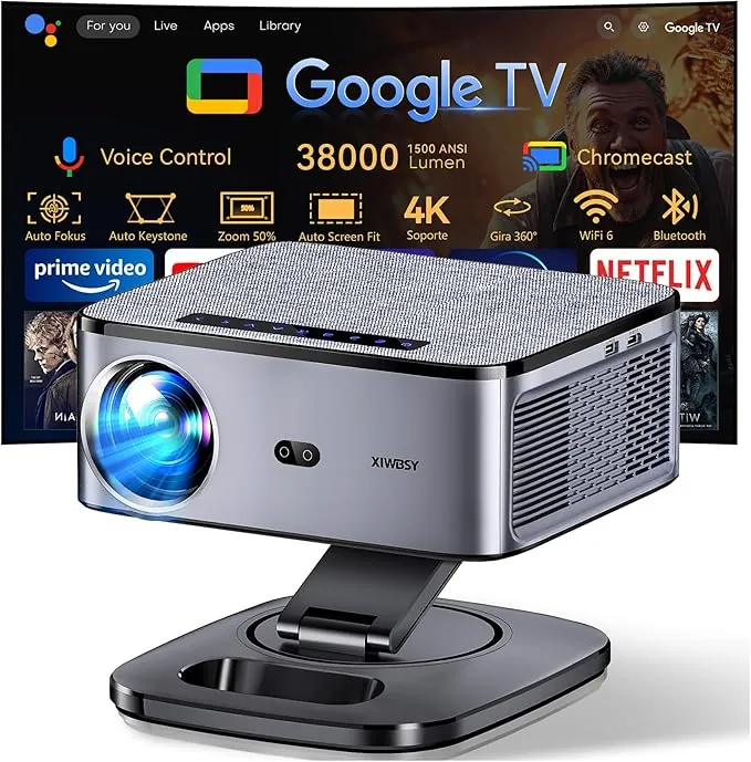 Proyector 【Google TV/1500 ANSI/Gira 360°】 XIWBSY Proyector 4K Soporte Auto Focus/Keystone, WiFi 6 Bluetooth, 38000 Lúmenes, Control por Voz Projector Netflix Oficial, Portatil Proyectores Video