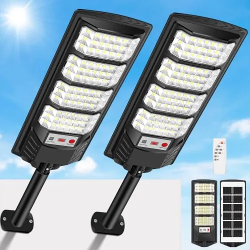 PEAKRO Farolas Solares Exterior, 600W Potente Focos LED Solar con Mando a Distancia, Sensor de Movimiento, IP66 Impermeable 6500K Luz Solar Exterior Lampara Solar Jardín para Garage Patio (2 Pack)