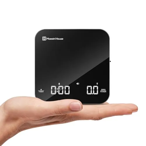 Báscula de Café Mini Recargable con Temporizador, Maestri House, Precisión 0.1g/2kg, para Espresso y Café de Filtro, Báscula Digital Portátil con Cronometraje Automático-Negro y Plata