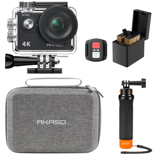 AKASO Pack de Buceo EK7000 Cámara Deportiva 4K 20MP WiFi Cámara de Acción para Surf y Buceo Camara Acuatica Sumergible con Empuñadura Flotante Impermeable, Bolsa de Almacenamiento, 2 Baterías