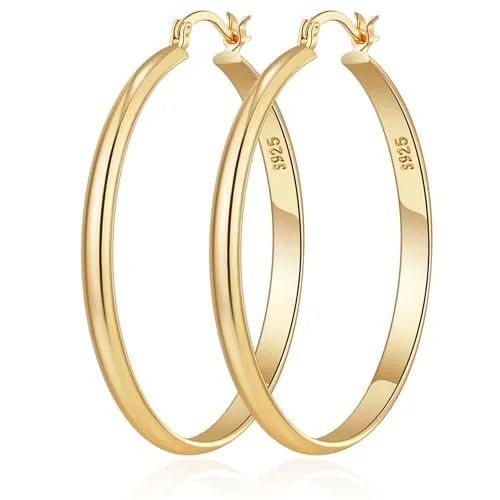 RANKEEF 3 mm Ancho Grandes Pendientes Aro Oro Mujer Hipoalergenicos Post de Plata de Ley 925 Ligeros 14K Oro Grandes Aros Dorados Mujer