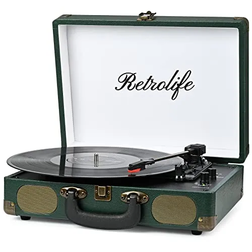 Tocadiscos de Vinilo Portátil con Correa de 3 Velocidades 33/45/78 RPM Bluetooth con Altavoces Incorporados Salida de Línea RCA Entrada AUX para Auriculares Tocadiscos Vintage