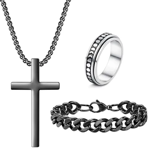XSDSLS 3 Piezas Conjunto de joyería de los hombres de acero inoxidable Cruz Colgante Collar Cubano Cadena Pulsera Spinner Anillo Regalos para hombres Niños (Negro)