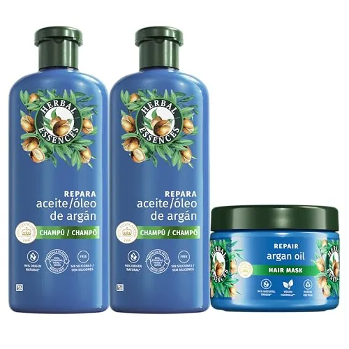 Herbal Essences Argán Champú 2x350ml + Mascarilla 500ml para Pelo Dañado | Hidratación Intensa para un Cabello Más Suave y Sedoso, con Ingredientes de Origen Natural, Vegano y No Testado en Animales
