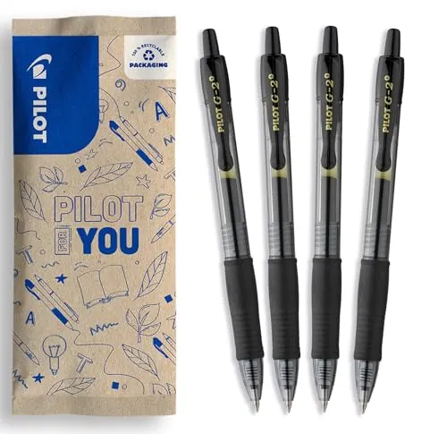 PILOT - Caja de 4 G2 Plus - Bolígrafos Roller de Tinta de Gel - Retráctiles y Recargables - Negro - Punta Media