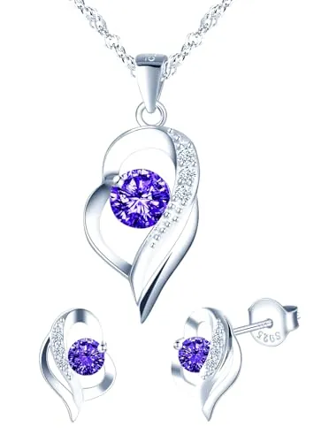 MICMIF Juegos de Joyas Mujer con Circonita Púrpura, Collar Corazón de Plata y Pendientes Aretes, Colgante con Cadena 45cm, Plata de Ley 925 Conjuntos Joyas Fiesta Cóctel