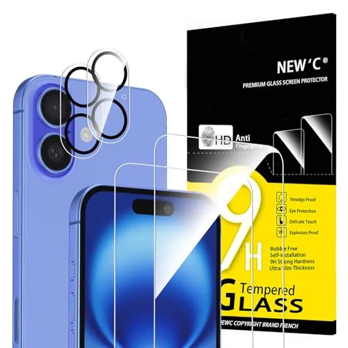 NEW'C 2 x Protector Pantalla para iPhone 16 (6,1 Pulgadas) y 2 x Protector Pantalla Protector de Lente de Cámara - Cristal Templado - Ultra Resistente - Herramienta de instalación fácil incluida