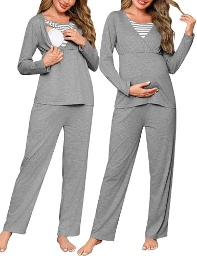 Bresdk Pijamas de Lactancia para Mujer Invierno Algodón - Conjunto Ropa de Dormir con Camiseta Lactancia Manga Larga y Pantalon Premama Rayas Pijamas para Embarazadas de Dos Piezas