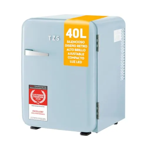 TZS First Austria - Mini Frigorífico Retro 40L silencioso - Pequeño Minifrigo diseño vintage con luz interior y 2 compartimentos de puerta - Minibar para camping, oficina, dormitorio y hotel - celeste