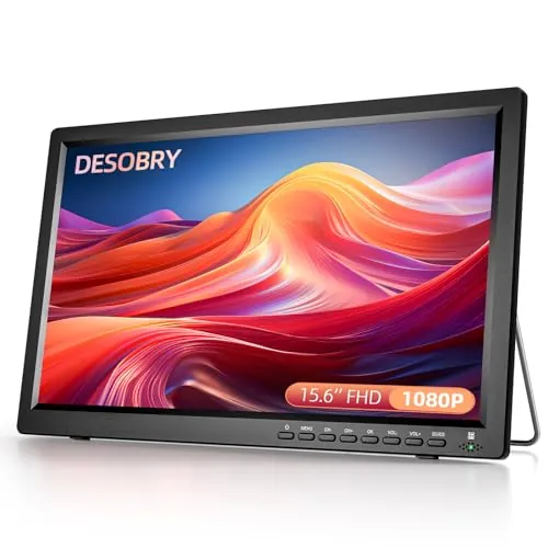 Desobry TV portátil de 15,6 pulgadas1080P Digital DVB-T2, Mini televisión con batería Recargable Que admite Entrada USB HDMI AV, TV de 12v con Cargador para Coche y Mando a Distancia y Antena
