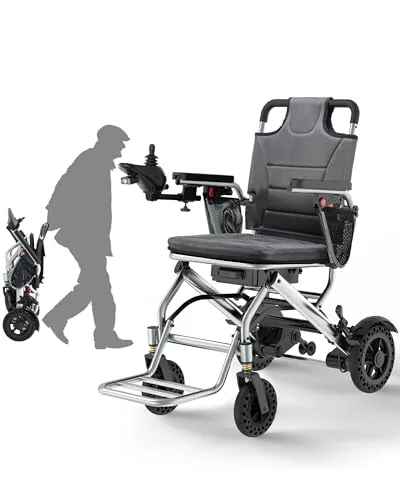 15 KG Silla de Ruedas Eléctrica Plegable para Adultos, Soporta hasta 150 KG, Autonomía de 24 KM y Apta para Viajes en Avión, Motor de 360 W para Uso en el Hogar, Exteriores y Viajes, Plata