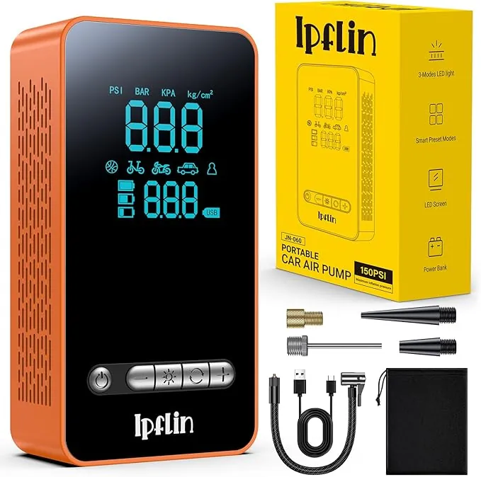 Compresor Aire Portatil - Inflador Ruedas Coche Inflador Electrico, 150PSI con Linterna y Batería Recargable - para Coches, Motos, Bicicletas SOS Emergencia y para Viajes Familiares, Naranja