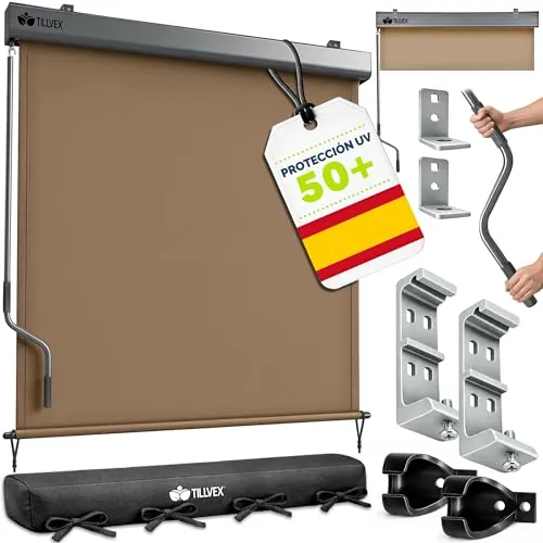 tillvex® Toldo Vertical de 180 x 250 cm para Exterior e Interior con Cubierta | Resistente al Agua con manivela para balcón, terraza y jardín | Estor para balcón, protección Solar de Aluminio