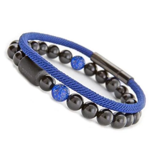 18KOra Pulseras hombre piedras naturales 8mm | Set 2 piezas (ónix elástica + cuerda náutica) | Regalo elegante Día del Padre y eventos especiales, versátil, resistentes al agua y duradero (Azul)